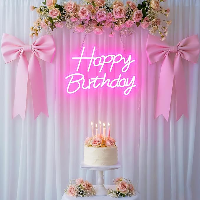 Happy Birthday Neon Sign for Backdrop, LED Happy Birthday Light Up Sign, USB Powered Dimmable Neon Light for Birthday Party Decorations, Wall Decor, Pink, 16.5 x 12 inch