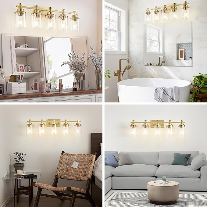 5-Light Modern Vanity Lights Over Mirror, Brushed Brass Bathroom Sconce with Clear Glass Shade