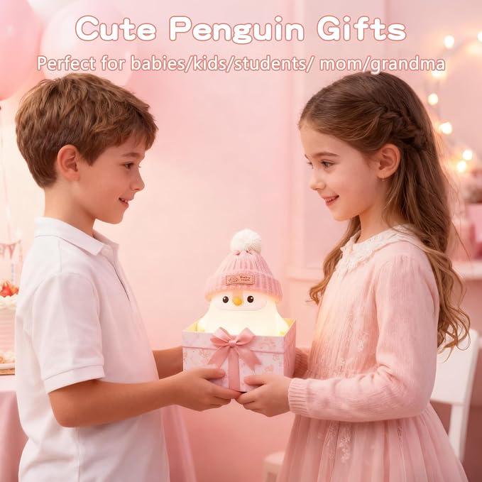 FAMIDUO Penguin Night Light,Cute Pink Penguin Lamp with Hat,Kids Room Decor | Safe Silicone Nursery Nightlight ,Rechargeable/Dimmable/Timer LED Squishy Animal Bedside Touch Lamp,Funny Gift for Girls