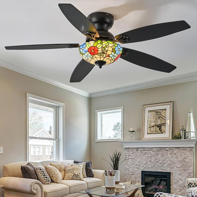 Tiffany Ceiling Fans with Lights-52"Ceiling Fan Chandelier and Glass Shade | 52" Ceiling Fan Chandelier with 5 Dual-Blades and Glass Shade, 6 Speeds and Reversible, Indoor and Outdoor, Retro Style