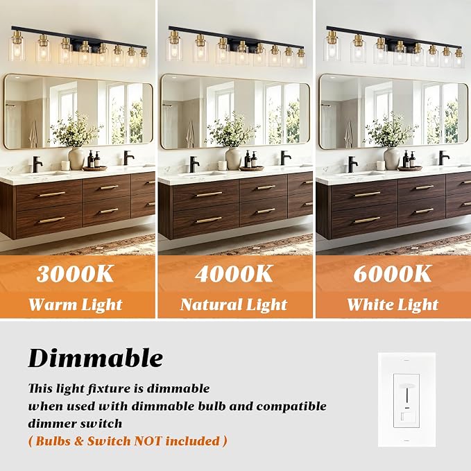 8-Light Bathroom Light Fixture Black and Gold Vanity Lights,52" | Vanity Lights for Bathroom,Clear Glass Shade,over Mirror,Modern Wall Sconces Farmhous Wall Mounted for Bathroom,E26 Base
