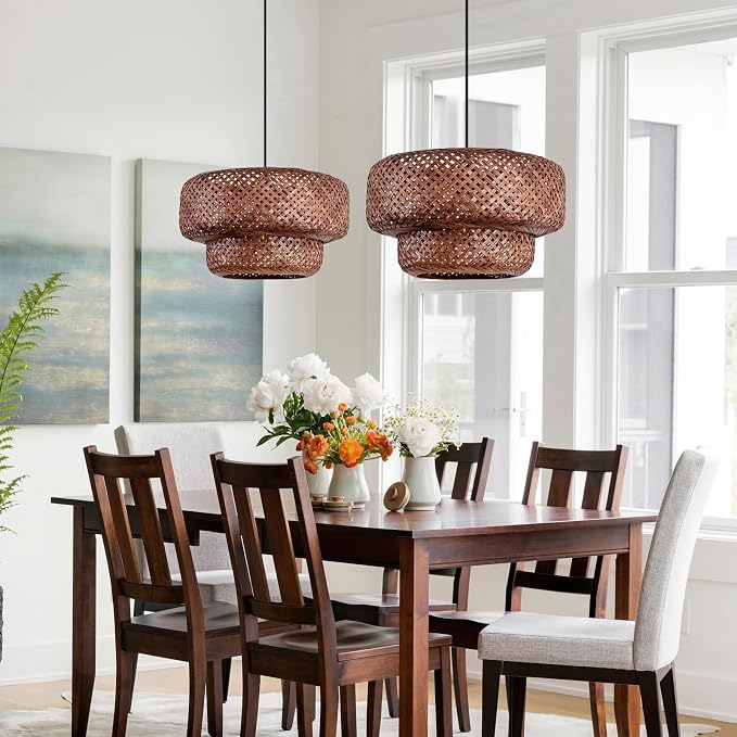 TeruTeru Ji Kaikang Bamboo Pendant Light,13.8" Brown Rattan Hanging Light | Boho Curry Bamboo Rattan Pendant Lights,Hand Woven Rattan Chandelier for Kitchen Island Dining Bedroom Living Room
