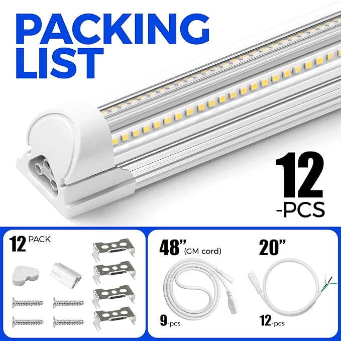 Barrina LED Shop Lights, 8FT 100W 15000LM 5000K, Daylight White, V Shape, Clear Cover, High Output, Linkable, T8 LED Tube Light, for Garage 8 Foot with Plug (Pack of 12)