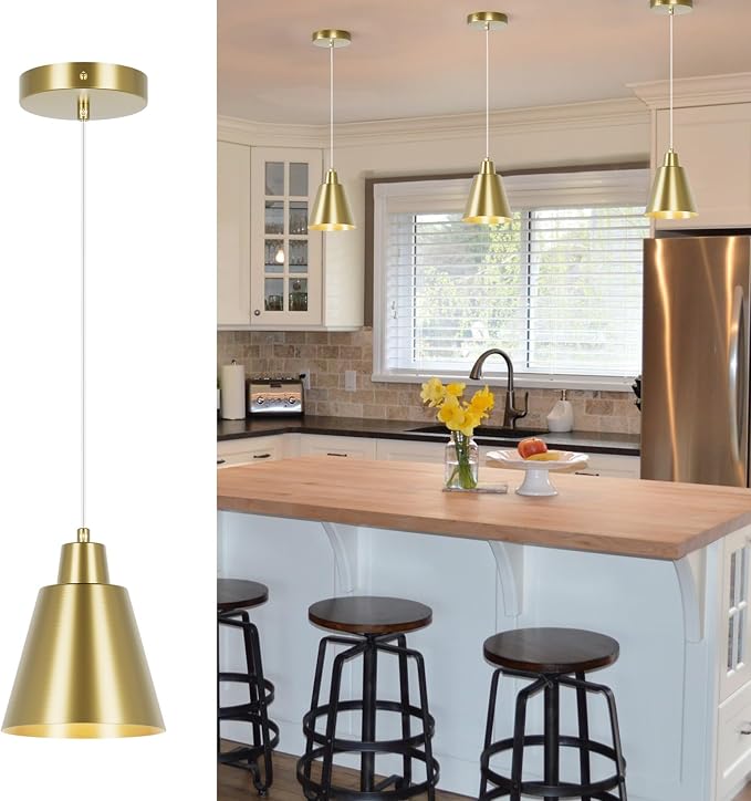Industrial Pendant Lights, Brass Pendant Light Fixtures, Vintage Kitchen Island Lights with Metal Shade, Farmhouse Pendant Lights for Dinning Table Bedroom Bar - Brass, 3 Packs