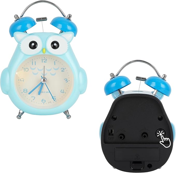 Aisi Kids Alarm Clock Cute Cartoon Owl Loud Bell Alarm Clock Non-Ticking Desk Clock with Night Light, Blue, nz-06336-04S