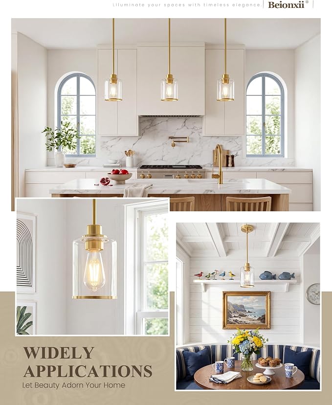 Beionxii 3Pack Pendant Lights Kitchen Island,Brass Kitchen Pendant Lighting | Farmhouse Gold Pendant Lighting with Clear Glass Shade,Mini Hanging Light Over Island for Dining Room Sink,BX-PL02BG-CG-3PK