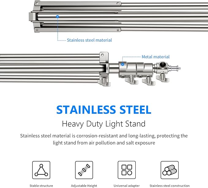 NEEWER 79"/2m Stainless Steel Light Stand, Spring Cushioned Heavy Duty Photography Tripod Stand with 1/4” to 3/8” Universal Screw Adapter for Strobe, LED Video Light, Ring Light, Monolight, Softbox