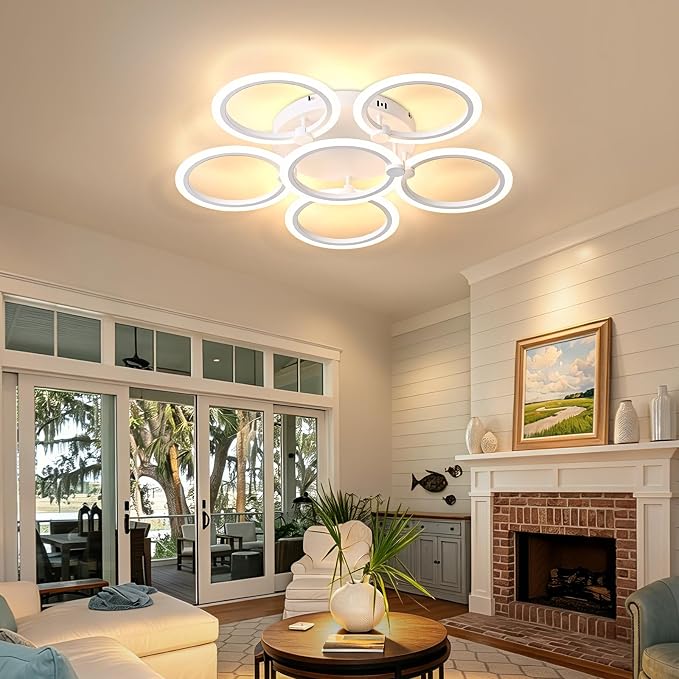 LED Ceiling Light, 6-Ring Modern Flush Mount Fixture, 77W Dimmable 3000K–6500K, White Ceiling Light with Remote for Living Room Bedroom Kitchen (28.9")