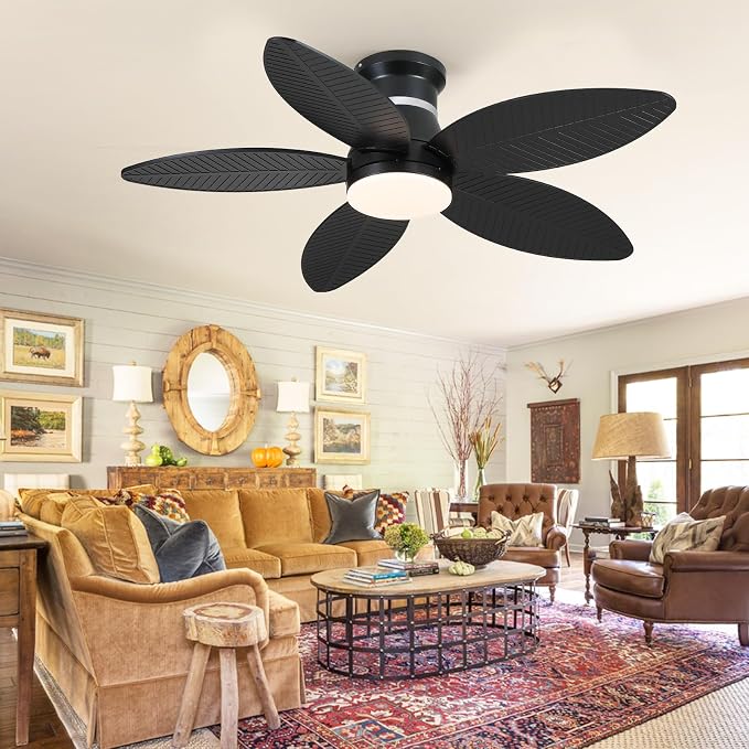 Tropical Palm Leaf RGB Ceiling Fans with Lights 46”, Black Flush Mount Ceiling Fan with Light and Remote, 3CCT Dimmable LED&&Side RGB Light, Reversible 6 Speeds, Quite Low Profile Ceiling Fan Party