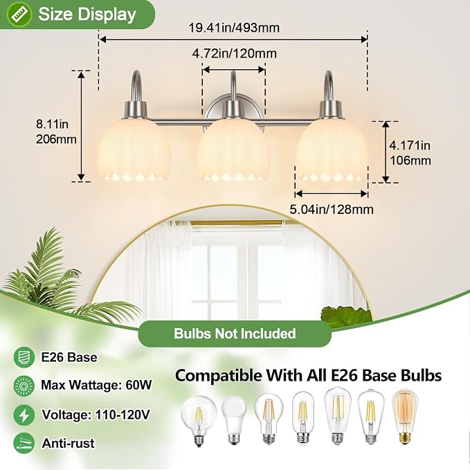 Bathroom Light Fixtures, 3-Light Brushed Nickel Bathroom Vanity Light Over Mirror with White Tulip Glass Shades, Vanity Light Fixture for Bedroom, Living Room & Hallway (Bulbs Not Included)