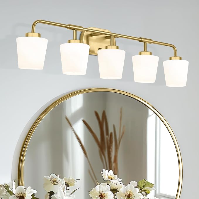 Bathroom Light Fixtures Over Mirror, 5-Light Brushed Gold Vanity Lighting Fixtures with Milk White Glass, 38inch Farmhouse Champagne Bronze Wall Sconces Lighting, AD-22004-5W-GD