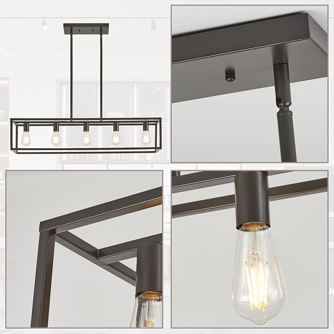 Kitchen Light Fixtures Farmhouse Rectangle Chandeliers Dining Room Light for Dining Rooms, Light Fixture Matte Oil Rubbed Bronze 5-Light Industrial Pendant Lighting