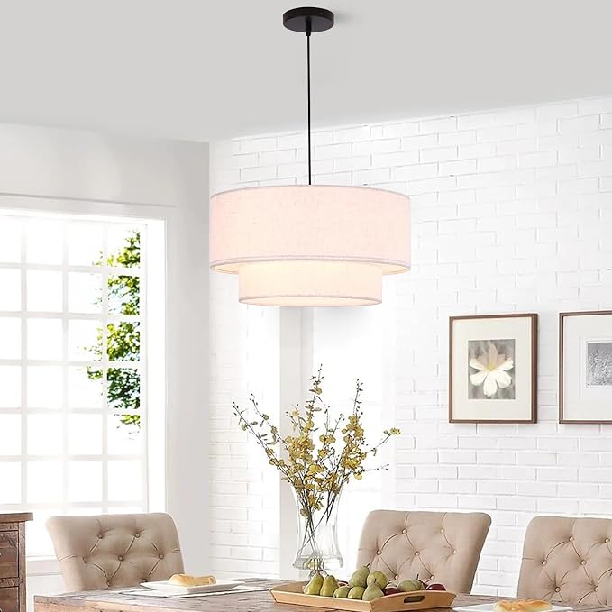 Drum Pendant Light, 18” Drum Light Fixture with Linen Shade | 3-Light Linen Chandeliers for Dining Room, Bedroom, Dual Layer Fabric Shade, Adjustable Height