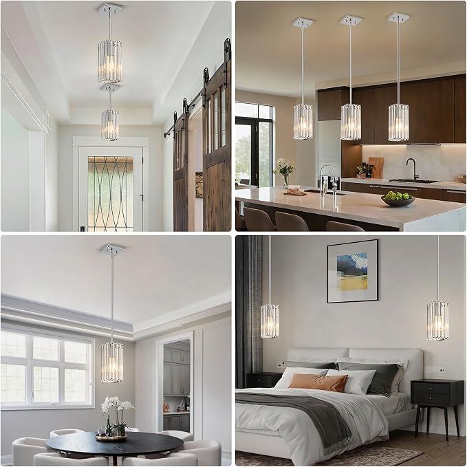 Modern Crystal Pendant Lights Kitchen Island, 3-Pack Chrome Hanging Light with Clear Crystal Shade, Adjustable Height Pendant Lighting for Kitchen Island Dining Room Bedroom Bar Entryway