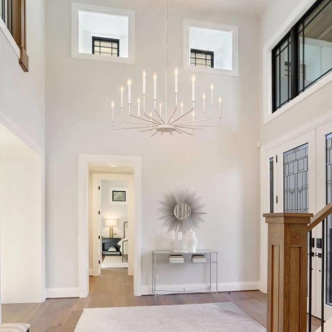 French Country Chandelier, 16 Light Farmhouse Chandeliers for Dining Room Lighting Fixtures Hanging, White Chandelier Light Fixture, Industrial Chandeliers for Living Room Kitchen Staircase Foyer