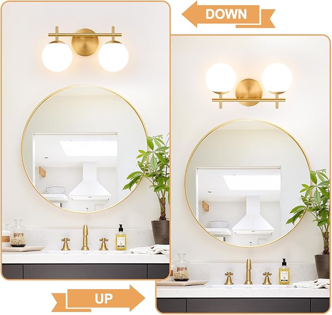 MOKATNG 2-Light Bathroom Light Fixtures, Brushed Gold Vanity Lights for Bathroom with Milky White Glass Shade, Bathroom Lighting Fixtures Over Mirror, Wall Sconce for Bedroom (Bulb Not Included)