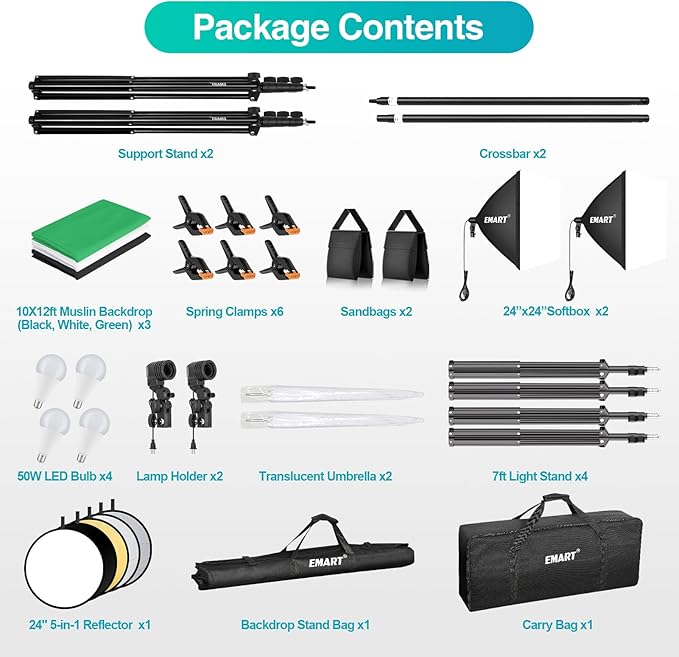 EMART 8.5 x 10 ft Backdrop Support System, Professional Photography Lighting Kit with 10*12ft Backdrop*3, 5500K 50W LED, Reflector, Umbrellas&Softbox Lighting Kit for Studio, Portrait, Video Shooting