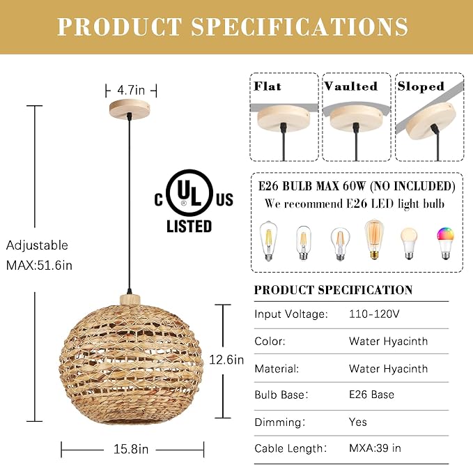 Boho Pendant Lights Kitchen Island Rattan Lights Fixture for Dining Room 15.8" Hand-Woven Chandelier Weaving Hanging Ceiling Light for Restaurant Living Room Bedroom Foyer Hallway