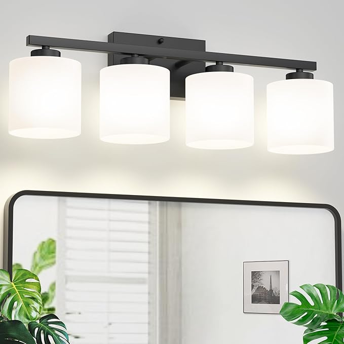 Honesorn 4-Light Vanity Lights, Matte Black with Frosted Shade & Nickel Finish, Modern Bathroom Over Mirror Lighting