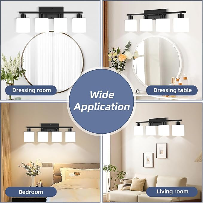 SILAMPDI 4-Light Bathroom Vanity Light Fixtures Over Mirror Matte Black | Modern Milky White Frosted Glass Shades, Anti-Rust Finished, Wall Sconce for Bedroom Restroom, E26 Socket, Easy Installation