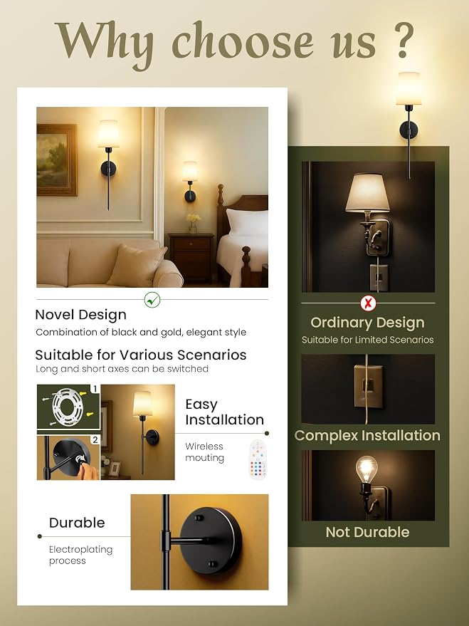 Battery Operated Wall Sconces Set of 2, Black, Dimmable & 15 RGB, 23 Inch | Renter Friendly, Rechargeable Magnetic Bulbs, Remote Control, LED Cordless Wall Lights for Living Room, Bedroom, Hallway