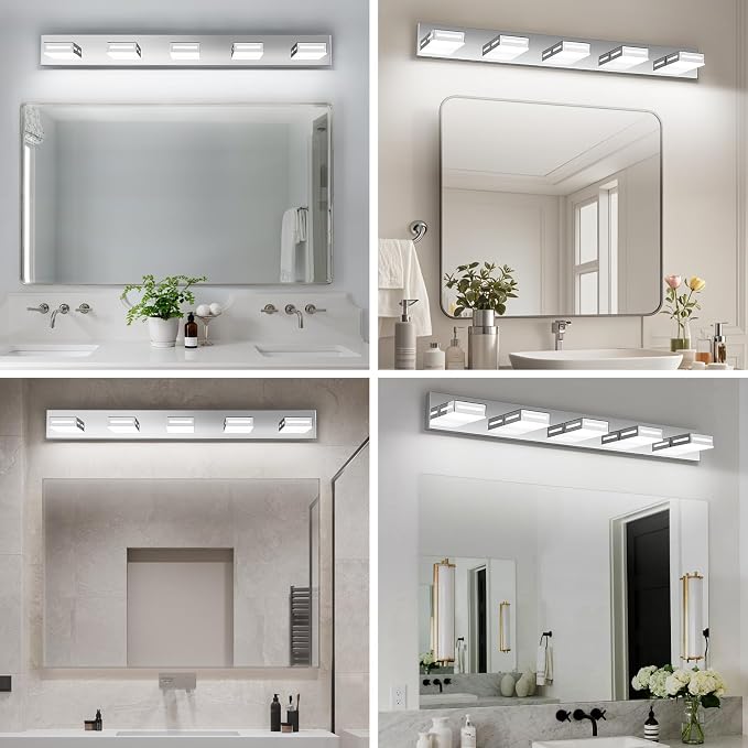 LED Modern Bathroom Light Fixtures, 5-Light 40-Inch Chrome Vanity Lights for Bathroom Lighting Fixtures Over Mirror, 6000K Cool White 350° Rotatable Wall Lamp