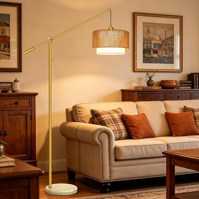 【Upgraded】Arc Floor Lamp for Living Room, Boho Dimmable Swing Arm Floor Lamp with Rattan & Fabric Shades, Gold Rattan Standing Lamp with Marble Base, Farmhouse Adjustable Tall Lamp for Bedroom Office