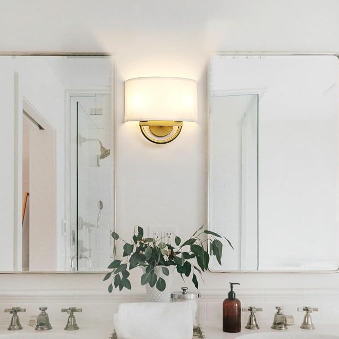 Industrial 2-Lights Wall Sconce Fixture with White Fabric Shade, Double Arm Wall Light Lamps Decor for Hallway Bedroom Living Room Bathroom Stairway
