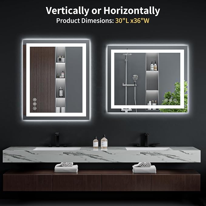 36"x30" LED Bathroom Mirror with Lights, Backlit+Frontlit, Anti-Fog | CRI 95, Stepless Dimmable, 3 Colors Lighting, Shatterproof Tempered Glass, HD Reflection, Memory, (Horizontal/Vertical)