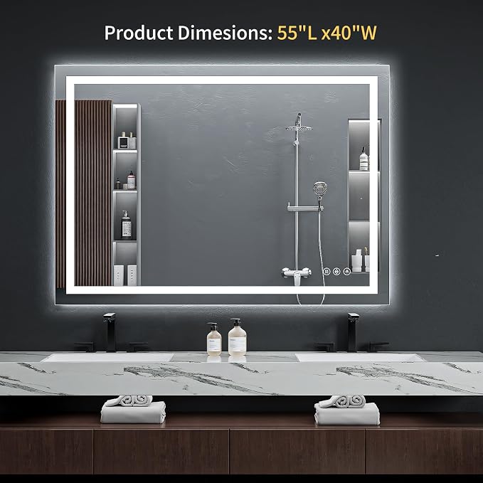 55"x40" LED Bathroom Mirror with Lights, Anti-Fog, Backlit+Frontlit | CRI 95, Stepless Dimmable, 3 Colors Lighting, Shatterproof Tempered Glass, HD Reflection, Memory, (Horizontal/Vertical)