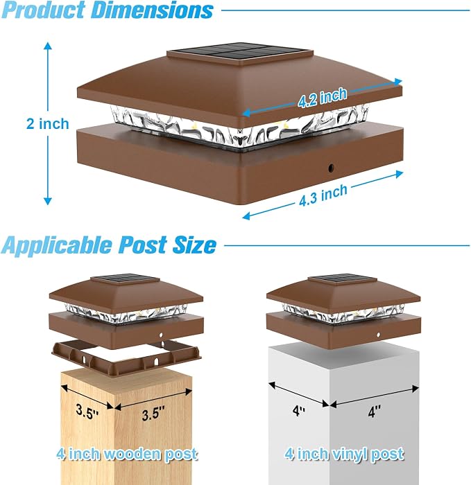 VOLISUN 24 Pack Brown Solar Post Cap Lights Fit 4x4 Fence Deck Post | Waterproof outdoor lighting, warm white glow, fits wooden & vinyl 4x4 posts, solar powered for yard patio fence deck