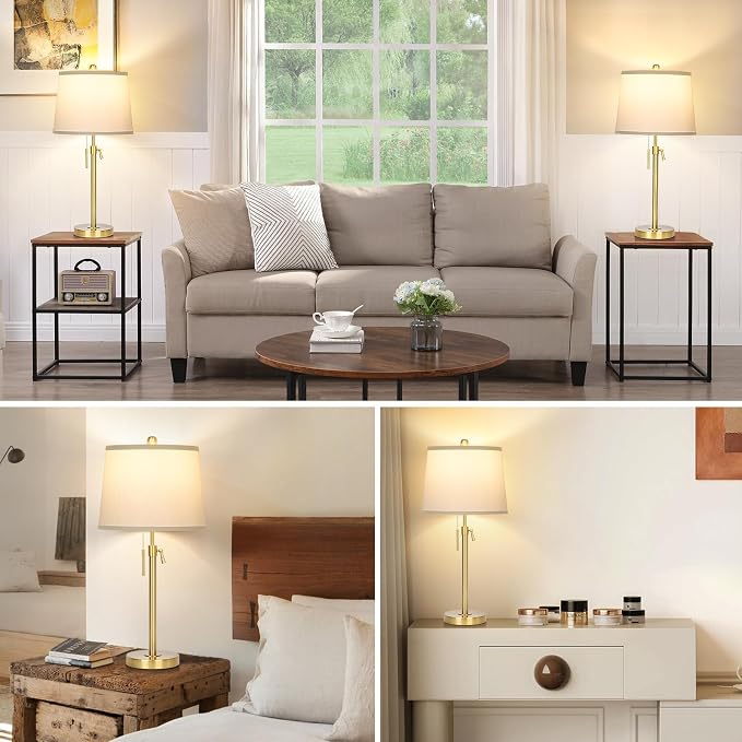 Modern Gold table Lamp 22" to 30"Adjustable Height 3 Brightness Way Brass Nightstand with White Linen Shade Pull Chain Pole Lights for Living Room Guest Bedroom End Table Office(Bulb Included, Single)