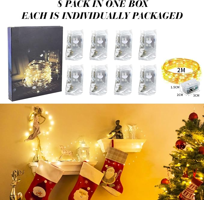 ZGWJ 8 Pack Warm White Fairy Lights, Mini String Lights | Battery Operated 7 FT 20 LED Waterproof 3 Modes for DIY, Parties, Wedding, Halloween, Christmas Decoration