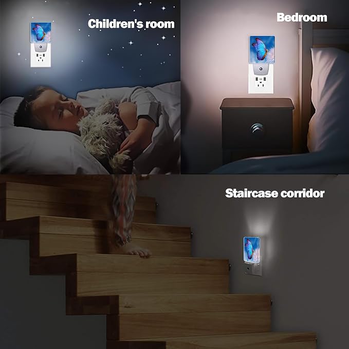 Blue Butterfly Night Light, Dandelion Night Lights Plug into Wall Decor for Bedroom, Bathroom, Hallway, Kitchen, Dusk to Dawn Sensor Nightlights for Girls Women Room Gifts