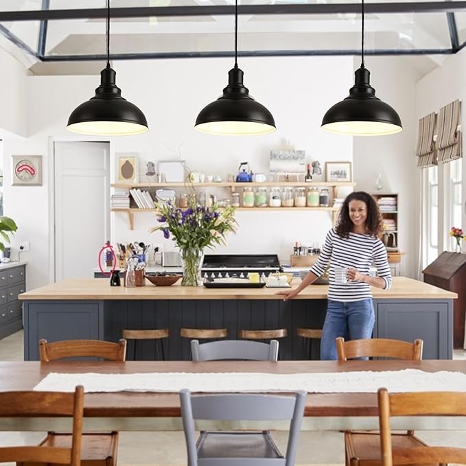 3PCS Matte Black Pendant Lights, Farmhouse Pendant Lamp with Metal Shade (White Inside), Industrial Pendant Lighting for Kitchen Island, Dining Room, Bedroom, Hallway