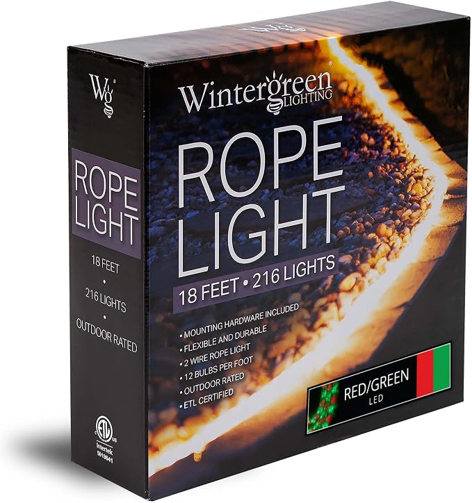 Wintergreen Lighting 18' Red and Green LED Rope Light, Christmas Outdoor Light Décor - Outdoor Rope Lights LED Rope Lighting, 120V, ½ Inch, 2-Wire