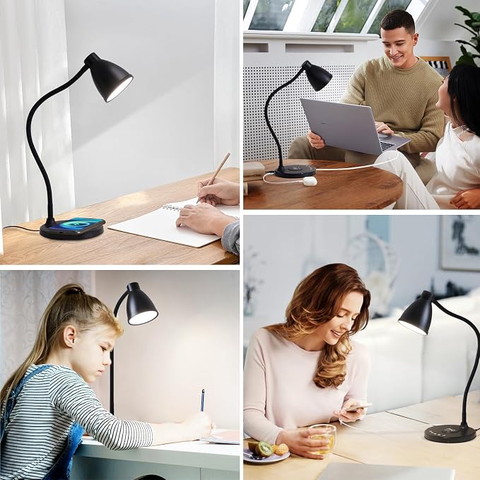 BOHON Desk Lamp for Home Office with USB C+A Charging Ports Timer Black | LED Desk Light with Wireless Charger 5 Colors Stepless Dimming Reading Light Touch Bedside Table Lamp for College Dorm Room