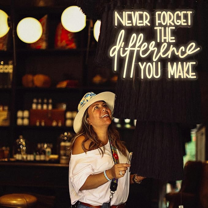 Never Forget The Difference You Make Neon Sign Cool Dimmable Led Letters Light Up Sign USB Powered Warm White Neon Light for Bedroom Study Room Bar Shop Man Cave(16.5 * 12.6In)