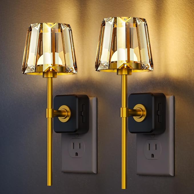 LED Night Lights Plug into Wall, Decorative Crystal Nightlights | 2 Pack Dimmable Night Light 180° Rotating Plug in,Dusk to Dawn Sensor, Crystal Wall Sconces for Bedroom Hallway Living Room