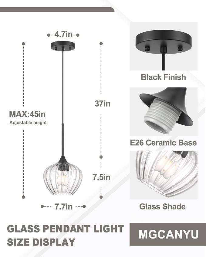 Glass Pendant Lights for Kitchen Island, 7.7" Modern Matte Black Pendant Light Fixtures Small Farmhouse Hanging Light for Kitchen, Dining Room, Sink, Bathroom