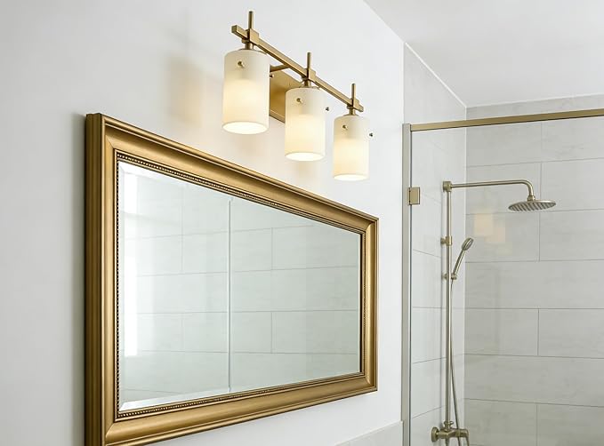SOLFART 3-Light Bathroom Vanity Light, Modern Brushed Gold Wall Lights with Milky White Glass Shades, Bathroom Wall Sconce Lamp for Mirror Living Room Bedroom Hallway (Bulbs Not Included)