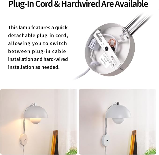 Mid-Century Modern Bud Plug in Wall Sconces for Bedroom, Matte White | Indirect lighting reading wall lamp, all-metal construction, plug-in or hardwired install, fits bedroom bedside, living room