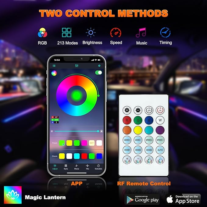 Interior Car LED Strip Lights, Acrylic LED Lights for Car with Dynamic Dreamcolor Chasing, Ambient Lighting Kits Music Sync Wireless APP and RF Remote Control (6 in 1)