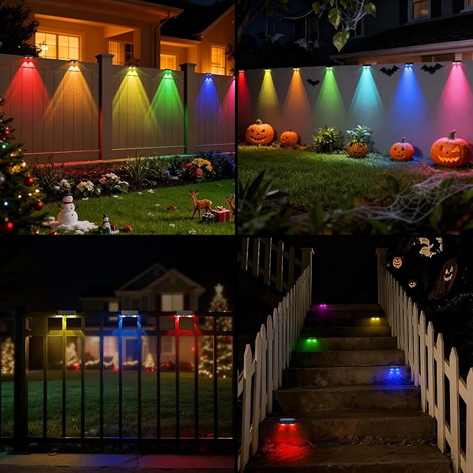 Peasur Solar Fence Lights Outdoor RGB, 4 Pack Step Light Solar Powered, Waterproof LED Deck Lights for Stairs Railing Yard Patio Outside