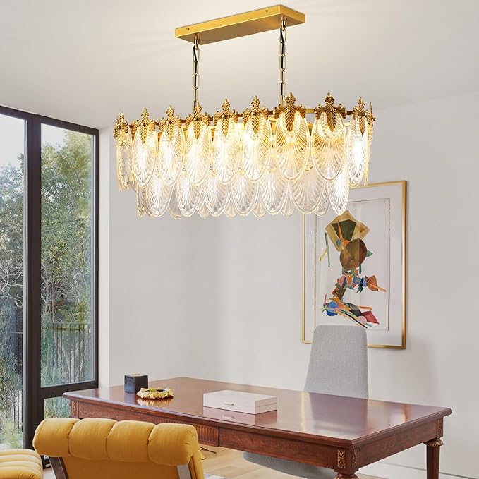 Rectangular Crystal Glass Dining Room Chandelier, 8 Light Gold Chandeliers Lighting Fixture, L33.5'' Height Adjustable Oval Ceiling Pendant Light for Office Coffee Over Table Kitchen Island