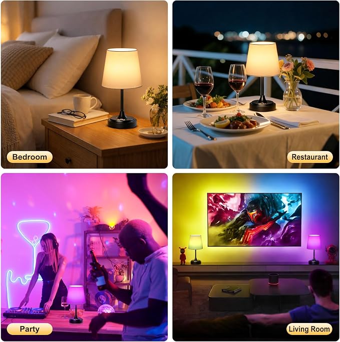 Wowag Small Cordless Table Lamp Rechargeable,5000mAh Battery Operated Desk Lamp,3 Colors & 7 RGB Stepless Dimmable,Touch Ambient Light for Bedside,Bedroom,Dining Room,Living Room,Black,WhiteShade