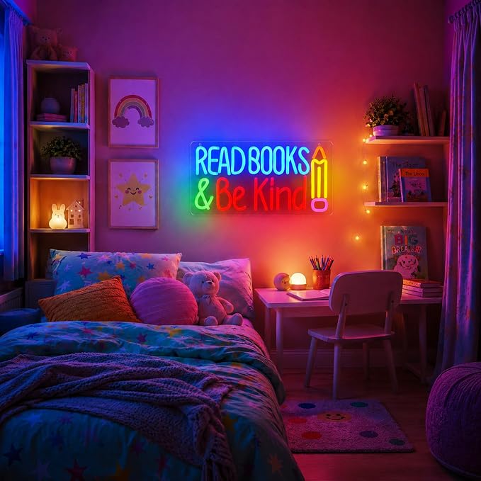 Read Books And Be Kind Neon Sign for Wall Decor Colorful Read Books Neon Light Dimmable Classroom LED Light up Signs for Study Room Bookstore Bedroom Classroom Library Decor