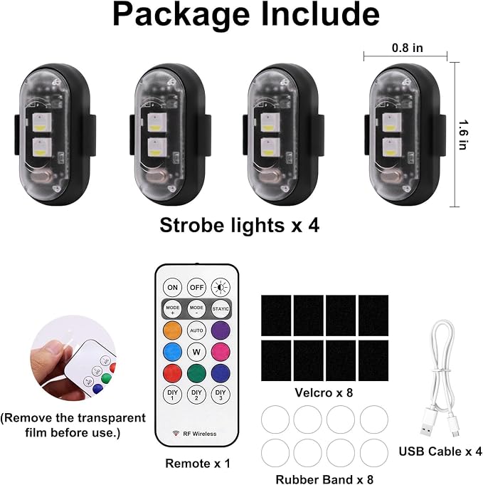 4PCS Wireless LED Strobe Lights with Remote Control, 8 Colors USB Charging Waterproof Anti-Collision Led Emergency Warning Lights for Car Motorcycle Drone Aircraft Bike
