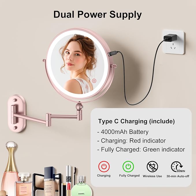 9" Wall Mounted Lighted Makeup Mirror,4000mAh Rechargeable Double Sided 1X/30X Magnifying Mirror with Light,Touch Dimmable,Extended Arm 360 Rotation Wall Mounted Makeup Mirror 3 Color Lights-gold