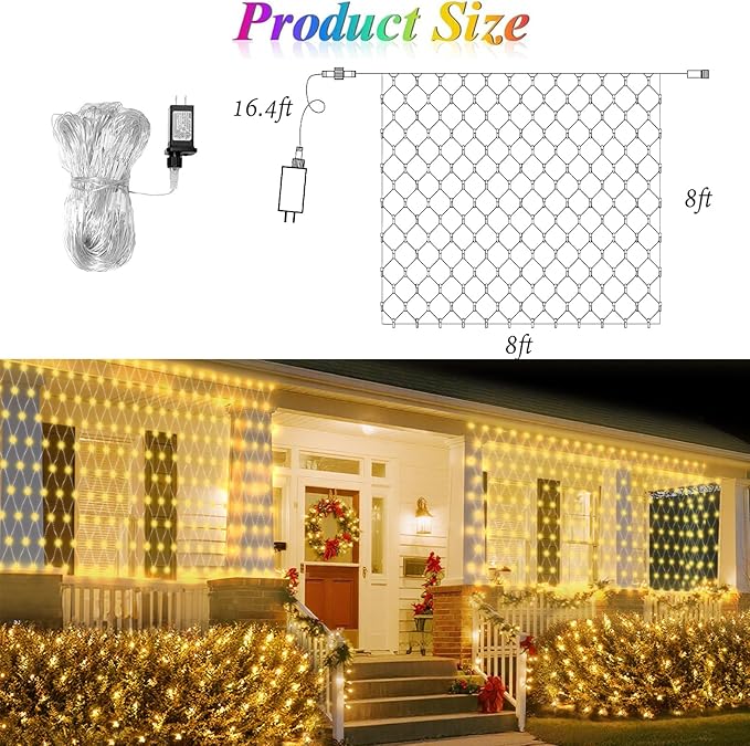 8ft x 8ft Net Lights, 180LED Gazebo Lights Outdoor 8 Modes Timer, Waterproof Connectable Christmas String Lights Clear Wire Plug in for Bushes Patio Pergolas Garden Holiday Party - Warm White